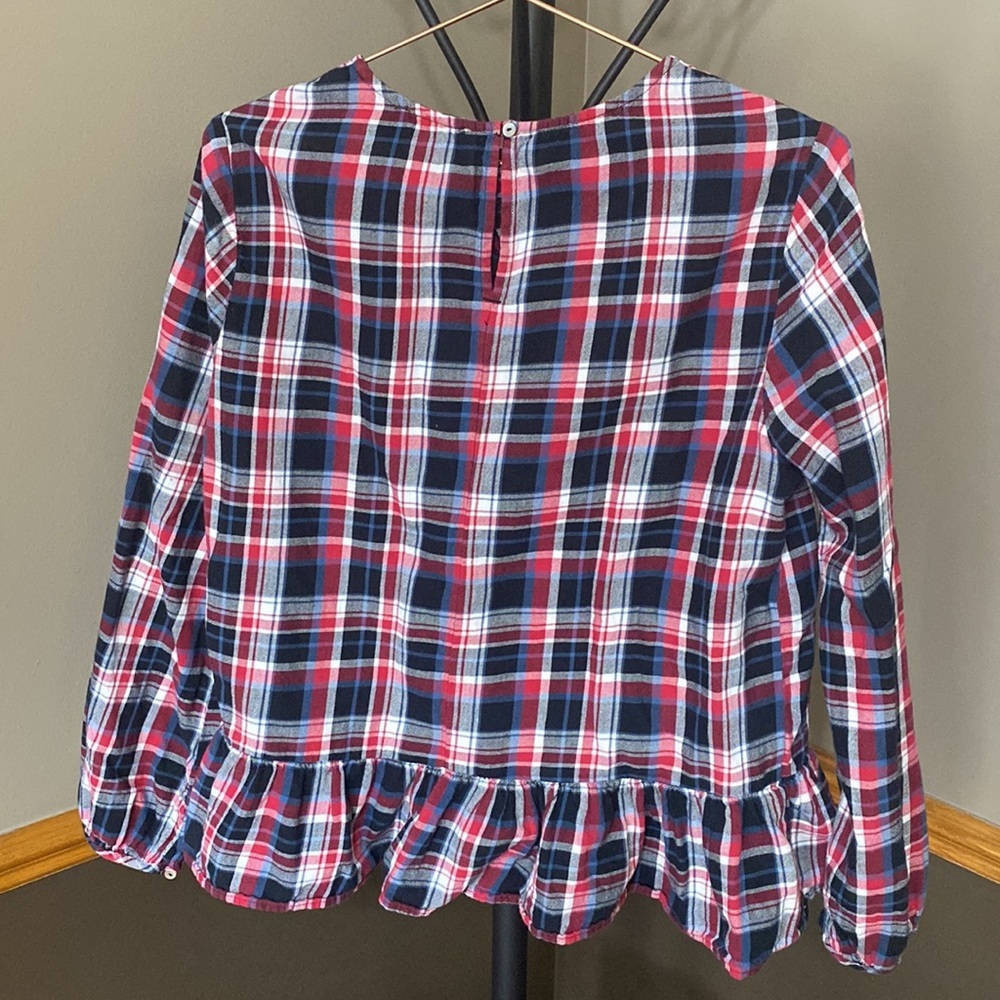 Beachlunchlounge  blue, red, black & white long sleeve flannel peplum top size L - Picture 2 of 8